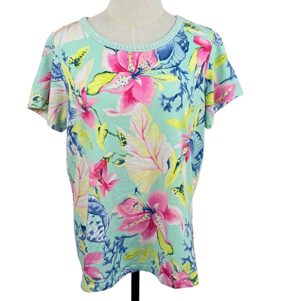 Caribbean Joe Large T-Shirt Tropical Floral Crochet Resort Beachy Vacation EUC